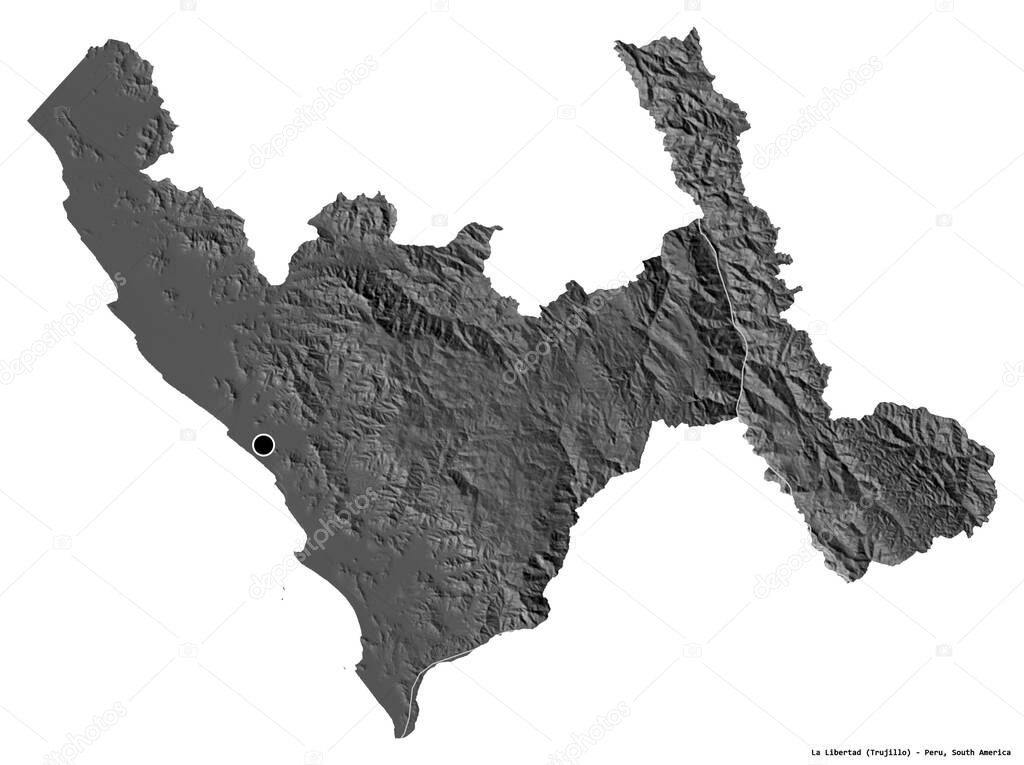 Shape of La Libertad, region of Peru, with its capital isolated on white background. Bilevel elevation map. 3D rendering