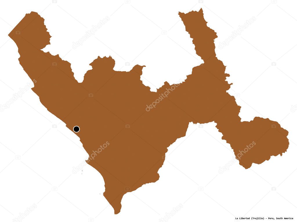 Shape of La Libertad, region of Peru, with its capital isolated on white background. Composition of patterned textures. 3D rendering