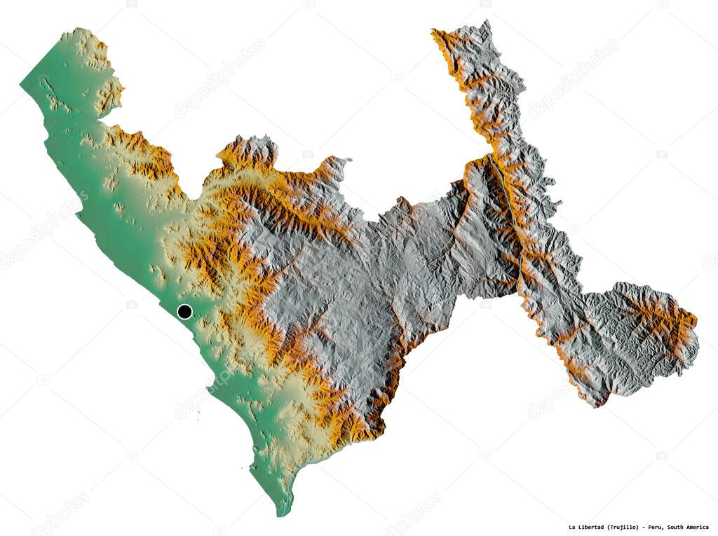 Shape of La Libertad, region of Peru, with its capital isolated on white background. Topographic relief map. 3D rendering