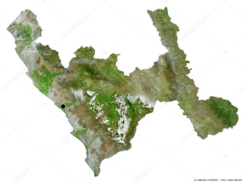 Shape of La Libertad, region of Peru, with its capital isolated on white background. Satellite imagery. 3D rendering