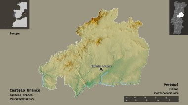 Portekiz 'in Castelo Branco ilçesi ve başkenti. Uzaklık ölçeği, ön gösterimler ve etiketler. Topografik yardım haritası. 3B görüntüleme