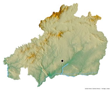Portekiz 'in Castelo Branco semti, başkenti beyaz arka planda izole edilmiştir. Topografik yardım haritası. 3B görüntüleme