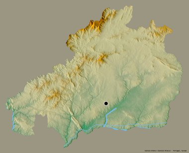 Portekiz 'in Castelo Branco semti, başkenti katı renk arkaplanı ile izole edilmiştir. Topografik yardım haritası. 3B görüntüleme