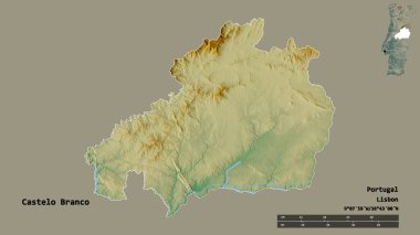 Portekiz 'in Castelo Branco semti, başkenti sağlam bir zemin üzerinde izole edilmiştir. Uzaklık ölçeği, bölge önizlemesi ve etiketleri. Topografik yardım haritası. 3B görüntüleme