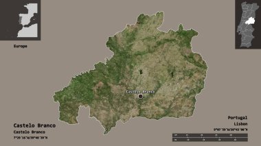 Portekiz 'in Castelo Branco ilçesi ve başkenti. Uzaklık ölçeği, ön gösterimler ve etiketler. Uydu görüntüleri. 3B görüntüleme