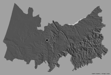 Portekiz 'in Coimbra semti, başkenti katı renk arkaplanı ile izole edilmiştir. Çift seviyeli yükseklik haritası. 3B görüntüleme