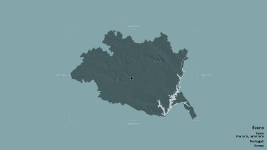 Evora bölgesi, Portekiz bölgesi, katı bir arka planda izole edilmiş bir sınır kutusunda. Etiketler. Renkli yükseklik haritası. 3B görüntüleme