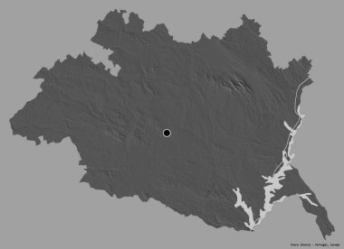 Portekiz 'in Evora semti, başkenti katı renk arkaplanı ile izole edilmiştir. Çift seviyeli yükseklik haritası. 3B görüntüleme