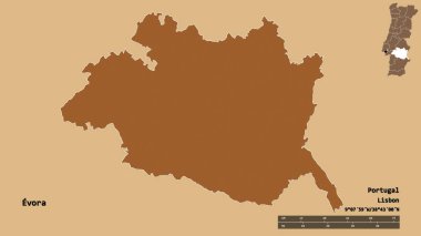 Portekiz 'in Evora semti, başkenti sağlam arka planda izole edilmiş. Uzaklık ölçeği, bölge önizlemesi ve etiketleri. Düzenli desenli dokuların bileşimi. 3B görüntüleme