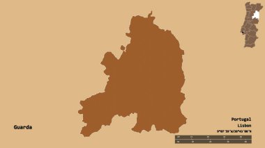 Portekiz 'in Guarda semti, başkenti sağlam bir zemin üzerinde izole edilmiştir. Uzaklık ölçeği, bölge önizlemesi ve etiketleri. Düzenli desenli dokuların bileşimi. 3B görüntüleme