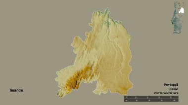 Portekiz 'in Guarda semti, başkenti sağlam bir zemin üzerinde izole edilmiştir. Uzaklık ölçeği, bölge önizlemesi ve etiketleri. Topografik yardım haritası. 3B görüntüleme