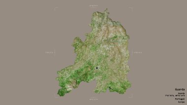 Guarda bölgesi, Portekiz bölgesi, katı bir arka planda izole edilmiş bir sınır kutusunda. Etiketler. Uydu görüntüleri. 3B görüntüleme