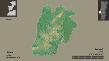 Portekiz 'in Lisboa ilçesi ve başkenti. Uzaklık ölçeği, ön gösterimler ve etiketler. Topografik yardım haritası. 3B görüntüleme