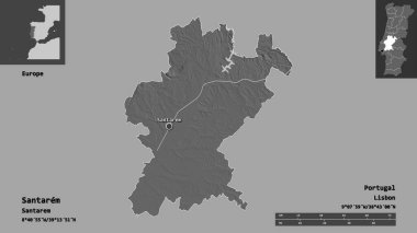 Santarem 'in şekli, Portekiz bölgesi ve başkenti. Uzaklık ölçeği, ön gösterimler ve etiketler. Çift seviyeli yükseklik haritası. 3B görüntüleme
