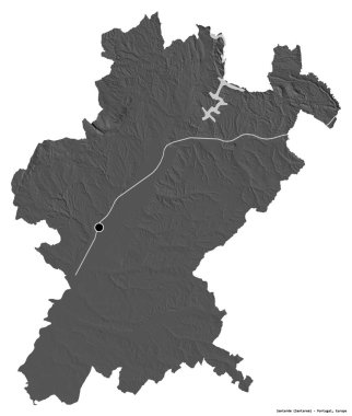 Portekiz 'in Santarem semti, başkenti beyaz arka planda izole edilmiştir. Çift seviyeli yükseklik haritası. 3B görüntüleme