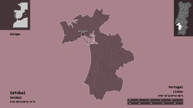 Portekiz 'in Setubal ilçesi ve başkenti. Uzaklık ölçeği, ön gösterimler ve etiketler. Renkli yükseklik haritası. 3B görüntüleme