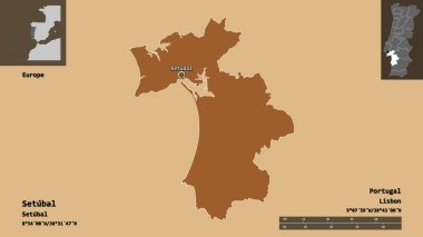 Portekiz 'in Setubal ilçesi ve başkenti. Uzaklık ölçeği, ön gösterimler ve etiketler. Düzenli desenli dokuların bileşimi. 3B görüntüleme