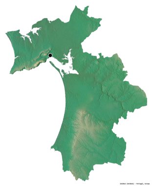 Portekiz 'in Setubal ilçesi, başkenti beyaz arka planda izole edilmiştir. Topografik yardım haritası. 3B görüntüleme