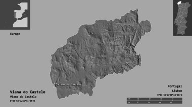 Portekiz 'in Viana do Castelo semti ve başkenti. Uzaklık ölçeği, ön gösterimler ve etiketler. Çift seviyeli yükseklik haritası. 3B görüntüleme
