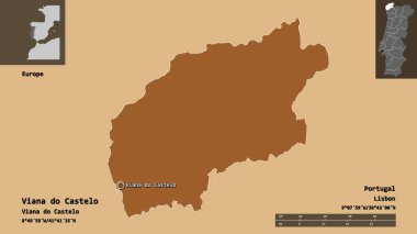 Portekiz 'in Viana do Castelo semti ve başkenti. Uzaklık ölçeği, ön gösterimler ve etiketler. Düzenli desenli dokuların bileşimi. 3B görüntüleme