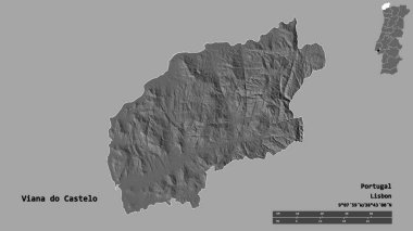 Portekiz 'in Viana do Castelo semti, başkenti sağlam arka planda izole edilmiştir. Uzaklık ölçeği, bölge önizlemesi ve etiketleri. Çift seviyeli yükseklik haritası. 3B görüntüleme