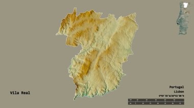Portekiz 'in Vila Real semti, başkenti sağlam bir zemin üzerinde izole edilmiştir. Uzaklık ölçeği, bölge önizlemesi ve etiketleri. Topografik yardım haritası. 3B görüntüleme