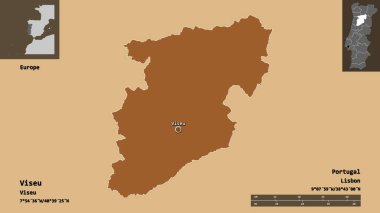 Viseu 'nun şekli, Portekiz bölgesi ve başkenti. Uzaklık ölçeği, ön gösterimler ve etiketler. Düzenli desenli dokuların bileşimi. 3B görüntüleme