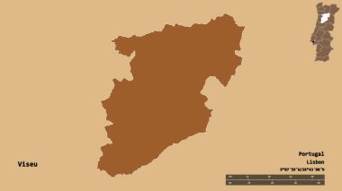 Portekiz 'in Viseu semti, başkenti sağlam bir zemin üzerinde izole edilmiştir. Uzaklık ölçeği, bölge önizlemesi ve etiketleri. Düzenli desenli dokuların bileşimi. 3B görüntüleme