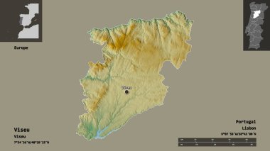 Viseu 'nun şekli, Portekiz bölgesi ve başkenti. Uzaklık ölçeği, ön gösterimler ve etiketler. Topografik yardım haritası. 3B görüntüleme