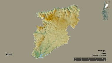 Portekiz 'in Viseu semti, başkenti sağlam bir zemin üzerinde izole edilmiştir. Uzaklık ölçeği, bölge önizlemesi ve etiketleri. Topografik yardım haritası. 3B görüntüleme