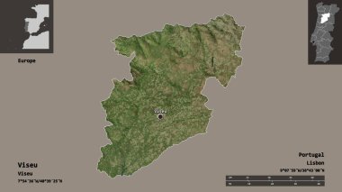 Viseu 'nun şekli, Portekiz bölgesi ve başkenti. Uzaklık ölçeği, ön gösterimler ve etiketler. Uydu görüntüleri. 3B görüntüleme