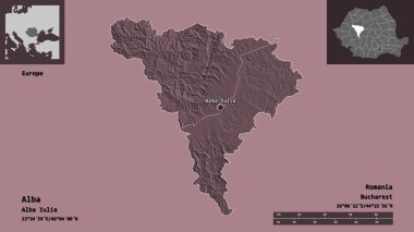 Romanya 'nın Alba ilçesi ve başkenti. Uzaklık ölçeği, ön gösterimler ve etiketler. Renkli yükseklik haritası. 3B görüntüleme