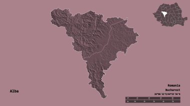 Romanya 'nın Alba ilçesi, başkenti sağlam bir zemin üzerinde izole edilmiş. Uzaklık ölçeği, bölge önizlemesi ve etiketleri. Renkli yükseklik haritası. 3B görüntüleme