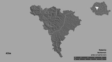Romanya 'nın Alba ilçesi, başkenti sağlam bir zemin üzerinde izole edilmiş. Uzaklık ölçeği, bölge önizlemesi ve etiketleri. Çift seviyeli yükseklik haritası. 3B görüntüleme