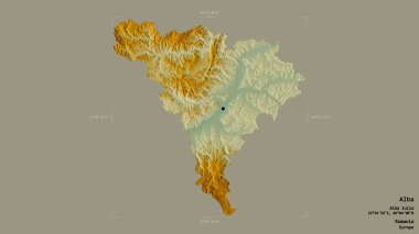 Romanya 'nın Alba ilçesi, jeoreferatlı bir sınır kutusunun sağlam bir arka planında izole edilmiş. Etiketler. Topografik yardım haritası. 3B görüntüleme