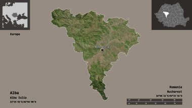 Romanya 'nın Alba ilçesi ve başkenti. Uzaklık ölçeği, ön gösterimler ve etiketler. Uydu görüntüleri. 3B görüntüleme