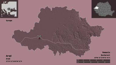 Romanya 'nın Arad ilçesi ve başkenti. Uzaklık ölçeği, ön gösterimler ve etiketler. Renkli yükseklik haritası. 3B görüntüleme