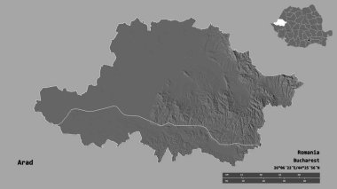 Romanya 'nın Arad ilçesi, başkenti sağlam bir zemin üzerinde izole edilmiş. Uzaklık ölçeği, bölge önizlemesi ve etiketleri. Çift seviyeli yükseklik haritası. 3B görüntüleme
