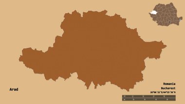 Romanya 'nın Arad ilçesi, başkenti sağlam bir zemin üzerinde izole edilmiş. Uzaklık ölçeği, bölge önizlemesi ve etiketleri. Düzenli desenli dokuların bileşimi. 3B görüntüleme