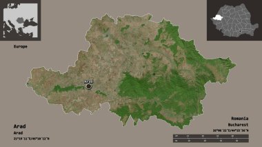 Romanya 'nın Arad ilçesi ve başkenti. Uzaklık ölçeği, ön gösterimler ve etiketler. Uydu görüntüleri. 3B görüntüleme