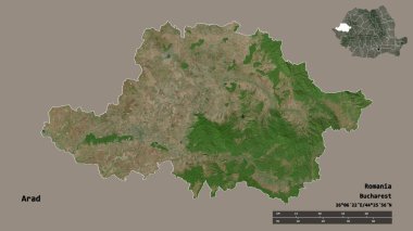 Romanya 'nın Arad ilçesi, başkenti sağlam bir zemin üzerinde izole edilmiş. Uzaklık ölçeği, bölge önizlemesi ve etiketleri. Uydu görüntüleri. 3B görüntüleme