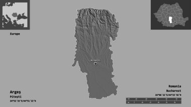 Arges Şekli, Romanya Bölgesi ve başkenti. Uzaklık ölçeği, ön gösterimler ve etiketler. Çift seviyeli yükseklik haritası. 3B görüntüleme