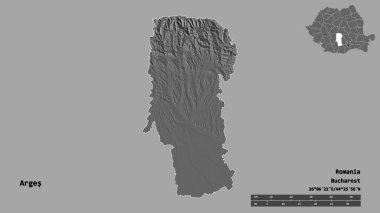 Romanya 'nın Arges ilçesinin başkenti sağlam bir zemin üzerinde izole edilmiştir. Uzaklık ölçeği, bölge önizlemesi ve etiketleri. Çift seviyeli yükseklik haritası. 3B görüntüleme