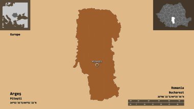 Arges Şekli, Romanya Bölgesi ve başkenti. Uzaklık ölçeği, ön gösterimler ve etiketler. Düzenli desenli dokuların bileşimi. 3B görüntüleme