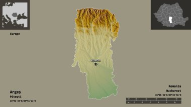 Arges Şekli, Romanya Bölgesi ve başkenti. Uzaklık ölçeği, ön gösterimler ve etiketler. Topografik yardım haritası. 3B görüntüleme