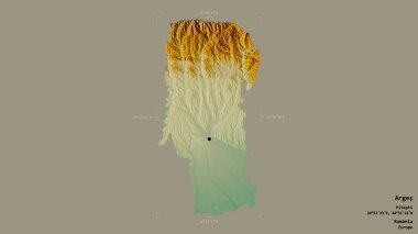 Romanya 'nın Arges ilçesi, jeoreferatlı bir sınır kutusunda sağlam bir arka planda izole edilmiş. Etiketler. Topografik yardım haritası. 3B görüntüleme