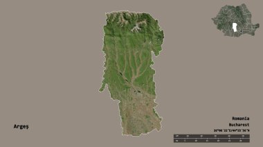 Romanya 'nın Arges ilçesinin başkenti sağlam bir zemin üzerinde izole edilmiştir. Uzaklık ölçeği, bölge önizlemesi ve etiketleri. Uydu görüntüleri. 3B görüntüleme