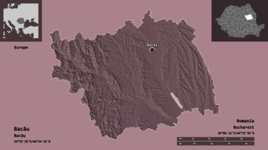 Bacau 'nun şekli, Romanya eyaleti ve başkenti. Uzaklık ölçeği, ön gösterimler ve etiketler. Renkli yükseklik haritası. 3B görüntüleme