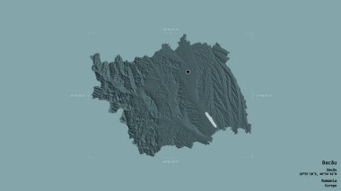 Romanya 'nın Bacau ilçesi bölgesi, jeoreferatlı bir sınır kutusunun sağlam bir arka planında izole edilmiş. Etiketler. Renkli yükseklik haritası. 3B görüntüleme