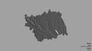 Romanya 'nın Bacau ilçesi bölgesi, jeoreferatlı bir sınır kutusunun sağlam bir arka planında izole edilmiş. Etiketler. Çift seviyeli yükseklik haritası. 3B görüntüleme